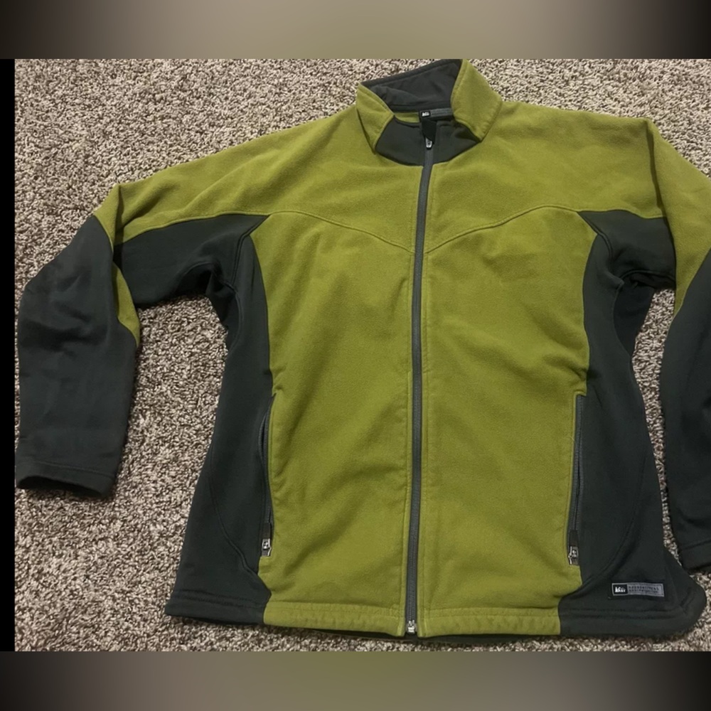 REI Polartec Fleece Jacket Womens Large Green Gray Zip Pockets Warm Outdoor